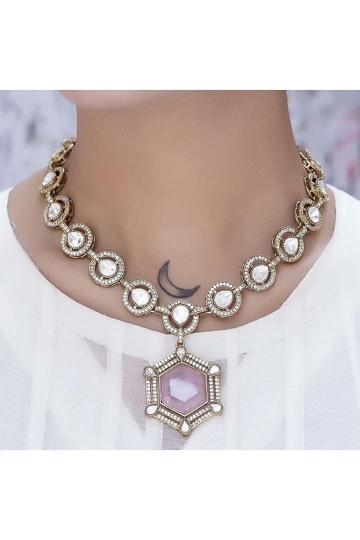Gold Finish Pink Kundan Polki Necklace Set by Jovi Jewels at Pernia's Pop Up Shop