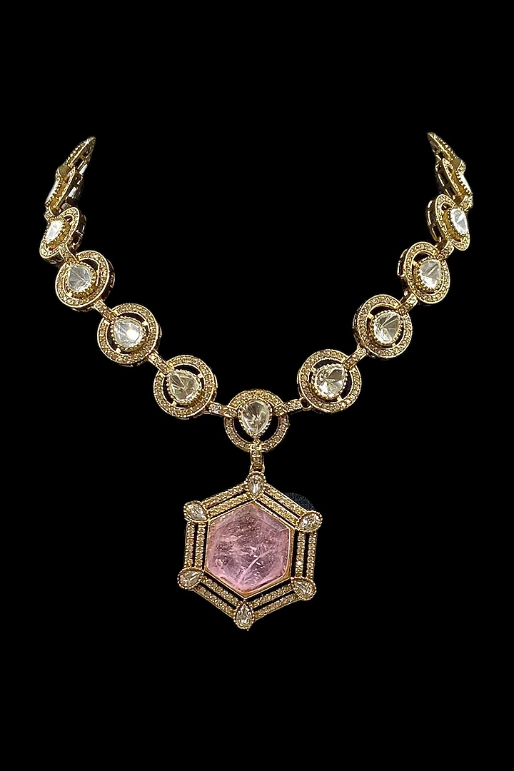 Gold Finish Pink Kundan Polki Necklace Set by Jovi Jewels at Pernia's Pop Up Shop