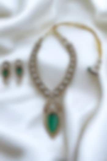 Gold Finish Green Kundan Polki Long Necklace Set by Jovi Jewels at Pernia's Pop Up Shop