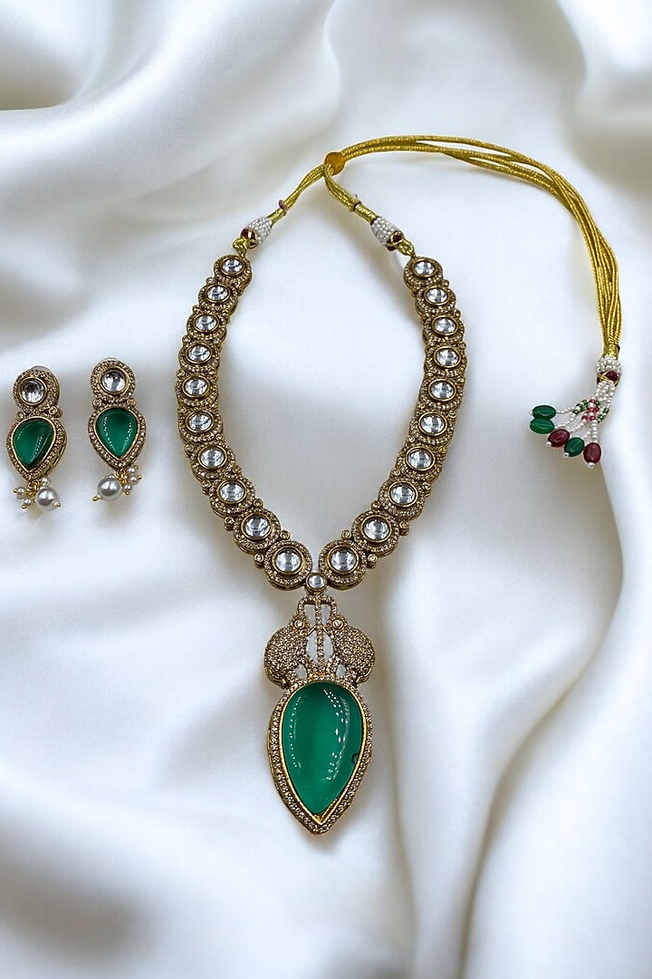 Gold Finish Green Kundan Polki Long Necklace Set by Jovi Jewels at Pernia's Pop Up Shop