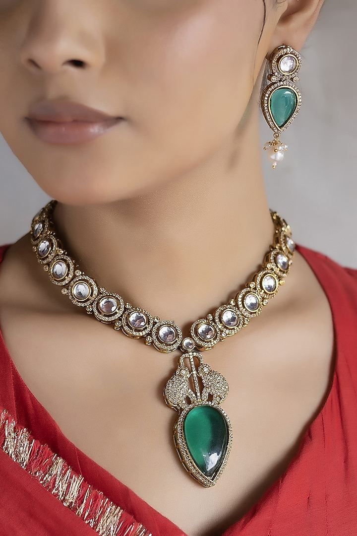 Gold Finish Green Kundan Polki Long Necklace Set by Jovi Jewels at Pernia's Pop Up Shop