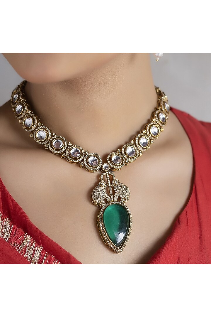 Gold Finish Green Kundan Polki Long Necklace Set by Jovi Jewels at Pernia's Pop Up Shop
