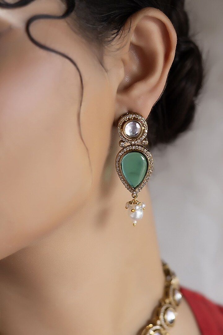 Gold Finish Green Kundan Polki Long Necklace Set by Jovi Jewels at Pernia's Pop Up Shop