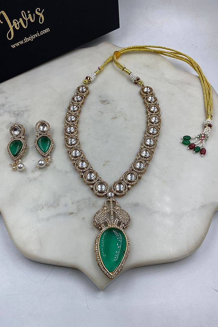 Gold Finish Green Kundan Polki Long Necklace Set by Jovi Jewels at Pernia's Pop Up Shop