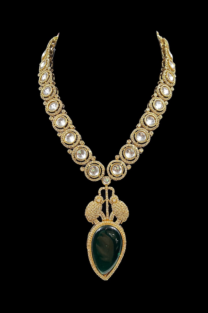 Gold Finish Green Kundan Polki Long Necklace Set by Jovi Jewels at Pernia's Pop Up Shop
