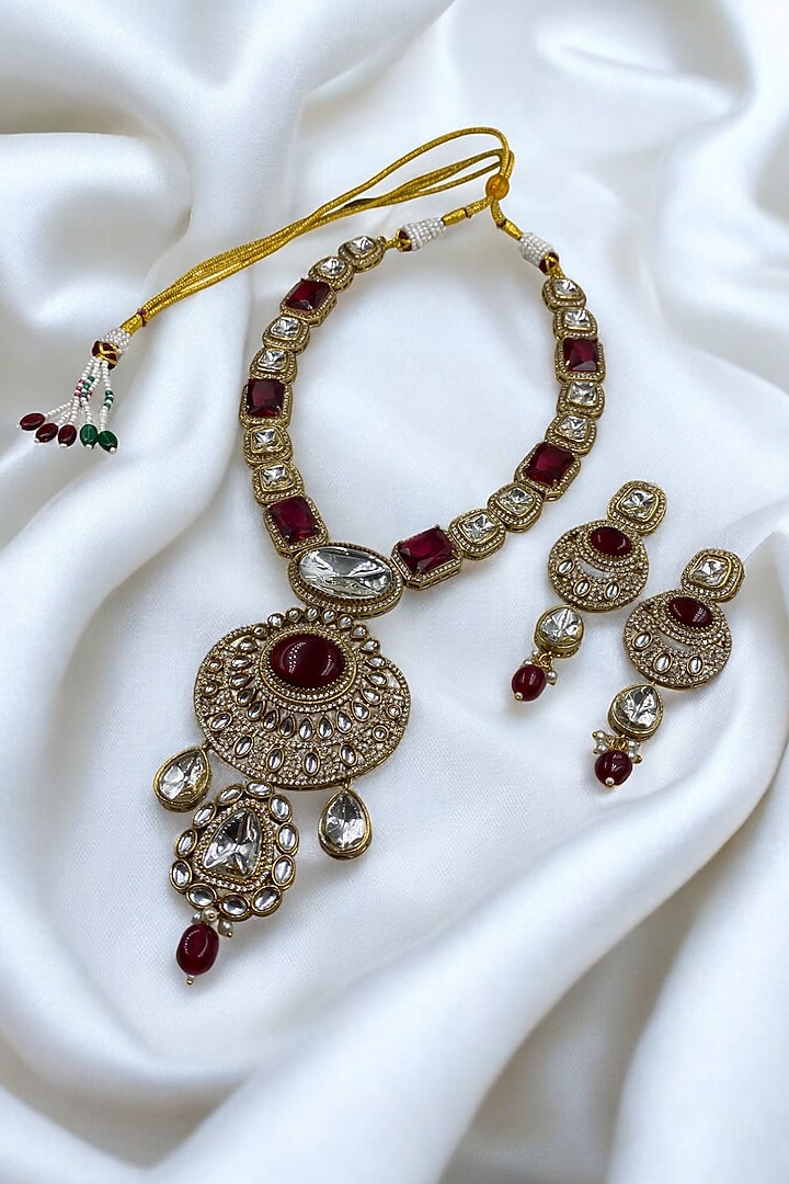 Gold Finish Red Kundan Polki Long Necklace Set by Jovi Jewels at Pernia's Pop Up Shop