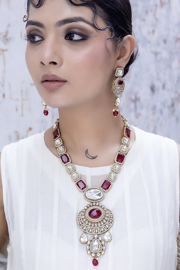 Gold Finish Red Kundan Polki Long Necklace Set by Jovi Jewels at Pernia's Pop Up Shop