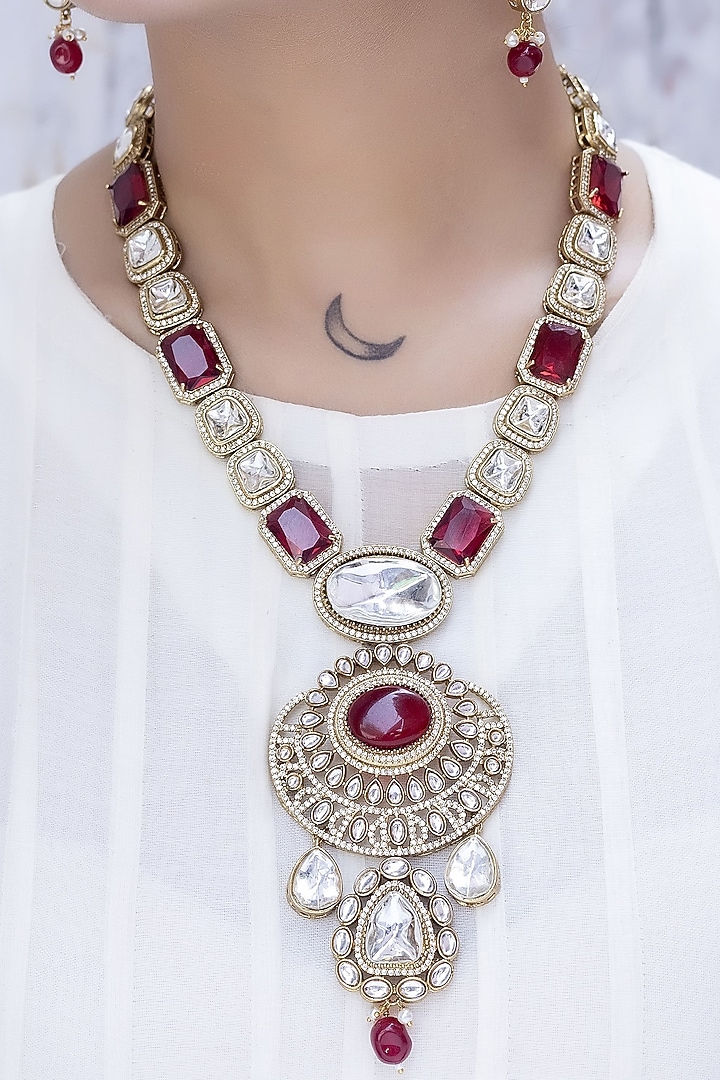 Gold Finish Red Kundan Polki Long Necklace Set by Jovi Jewels at Pernia's Pop Up Shop