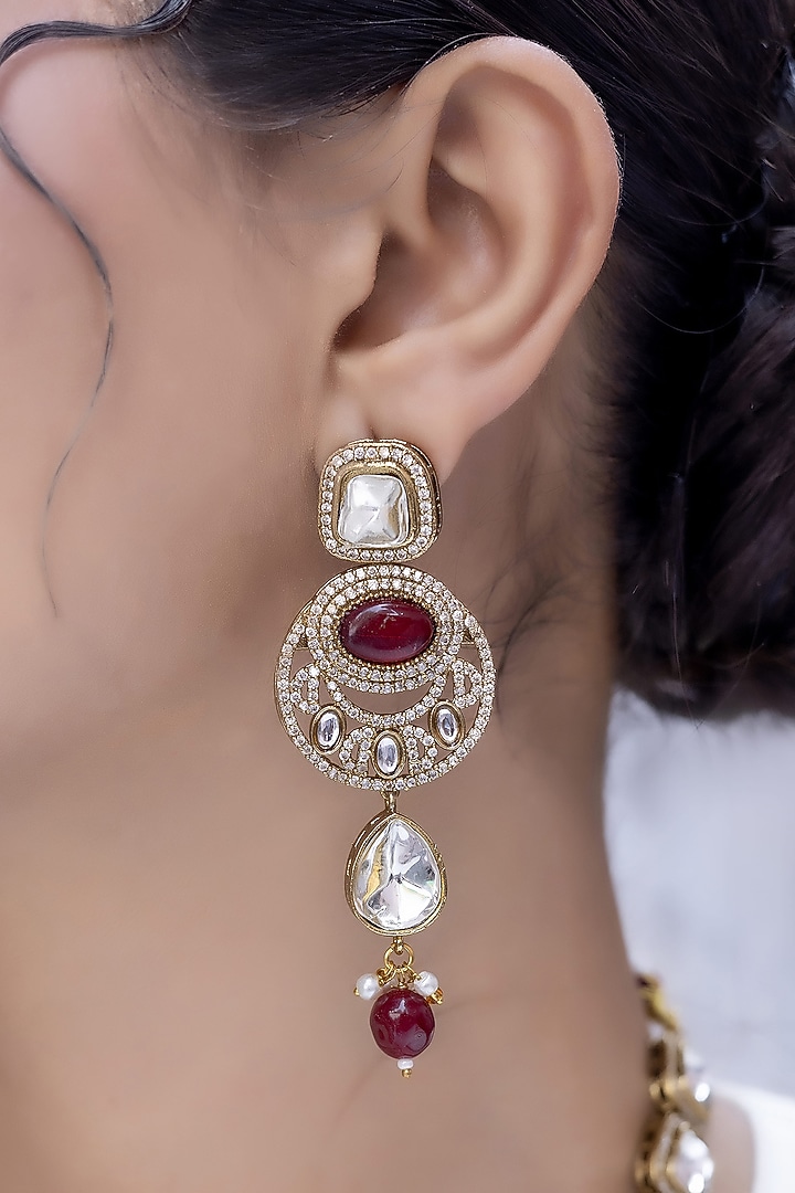Gold Finish Red Kundan Polki Long Necklace Set by Jovi Jewels at Pernia's Pop Up Shop