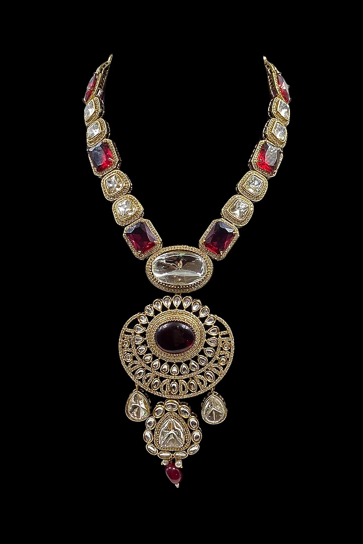 Gold Finish Red Kundan Polki Long Necklace Set by Jovi Jewels at Pernia's Pop Up Shop