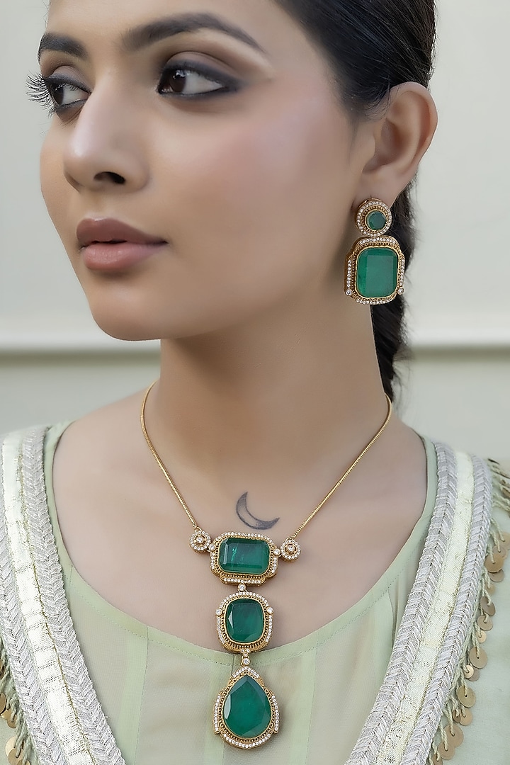 Gold Finish Green Kundan Polki Chain Pendant Necklace Set by Jovi Jewels at Pernia's Pop Up Shop