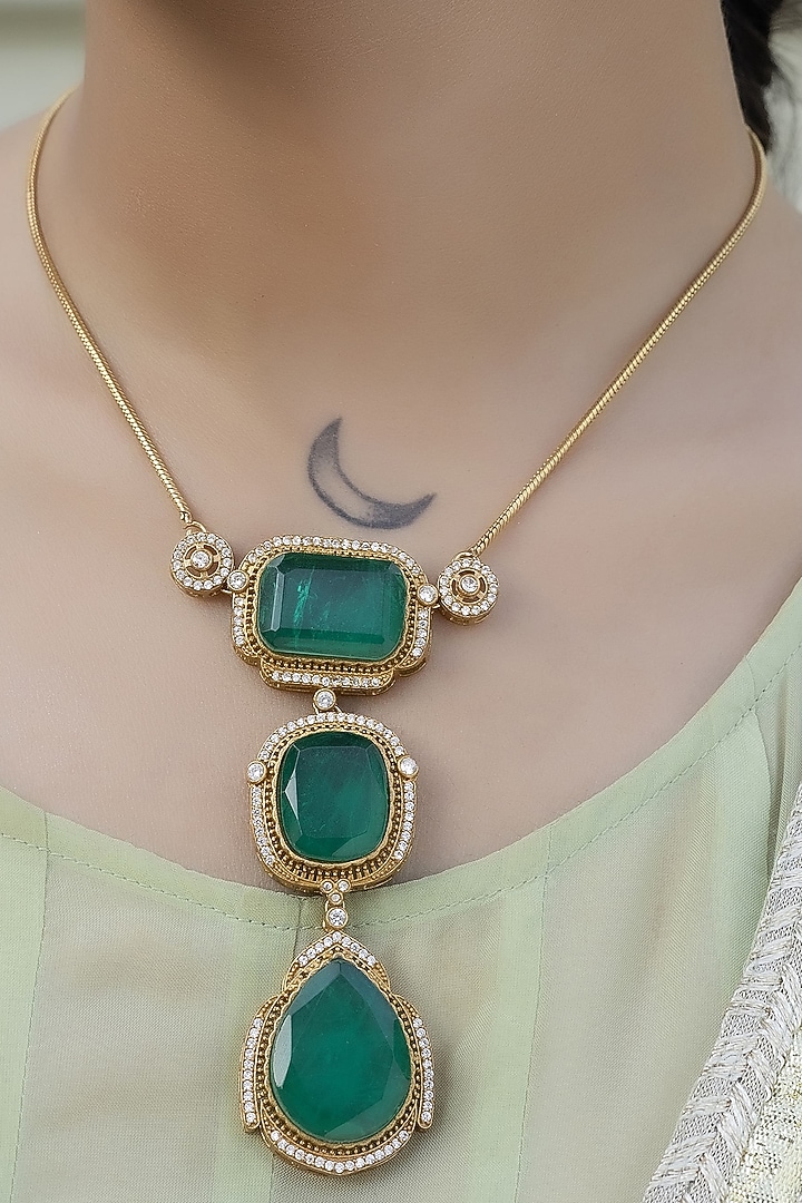 Gold Finish Green Kundan Polki Chain Pendant Necklace Set by Jovi Jewels at Pernia's Pop Up Shop
