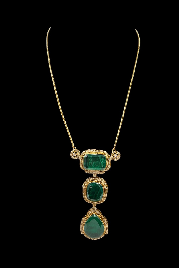 Gold Finish Green Kundan Polki Chain Pendant Necklace Set by Jovi Jewels at Pernia's Pop Up Shop