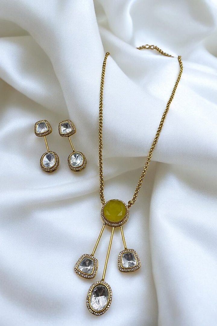 Gold Finish Yellow Stone & Kundan Polki Chain Pendant Necklace Set by Jovi Jewels at Pernia's Pop Up Shop
