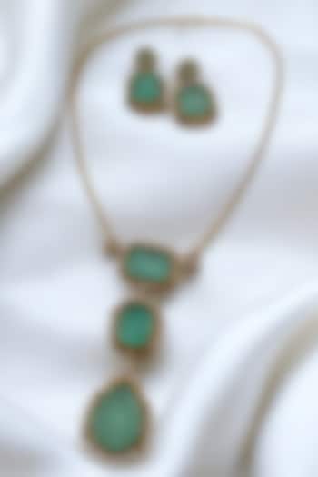 Gold Finish Mint Green Kundan Polki Chain Pendant Necklace Set by Jovi Jewels at Pernia's Pop Up Shop