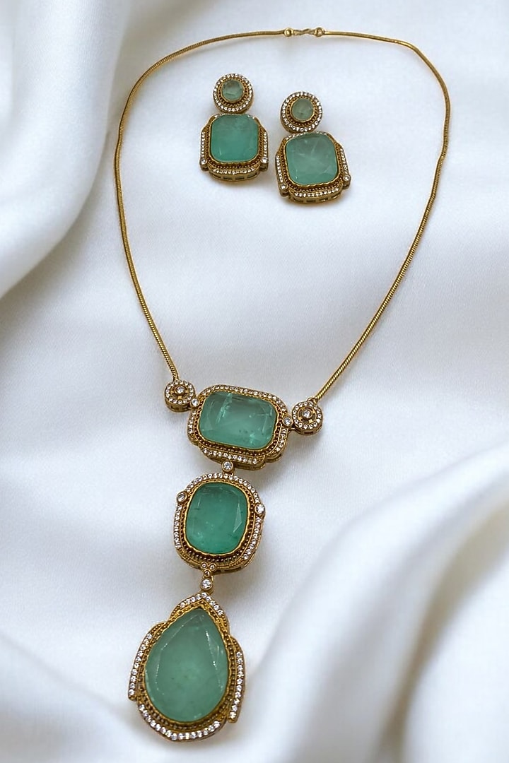 Gold Finish Mint Green Kundan Polki Chain Pendant Necklace Set by Jovi Jewels at Pernia's Pop Up Shop