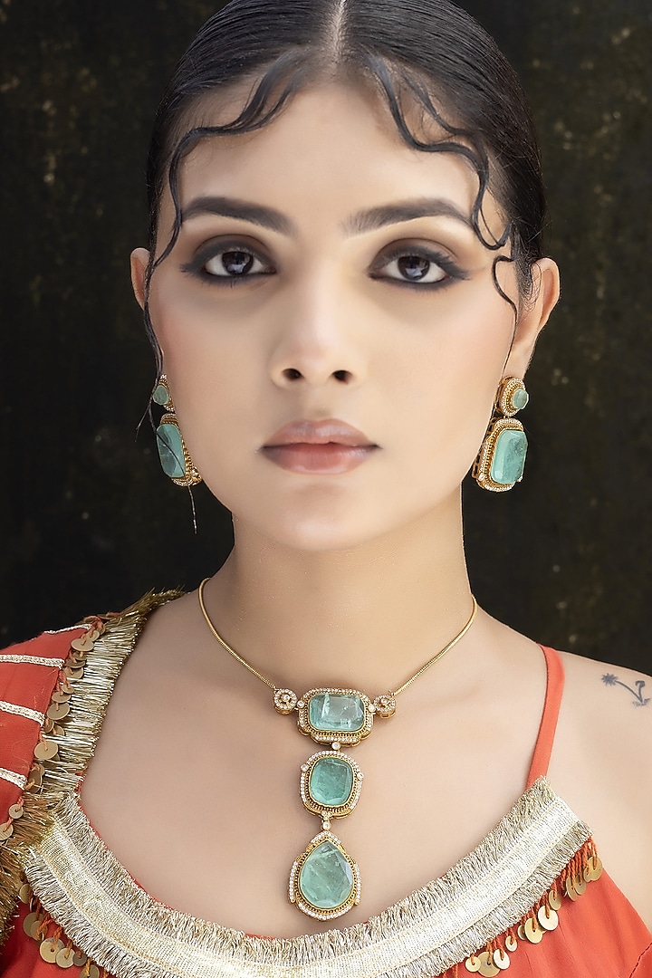 Gold Finish Mint Green Kundan Polki Chain Pendant Necklace Set by Jovi Jewels at Pernia's Pop Up Shop