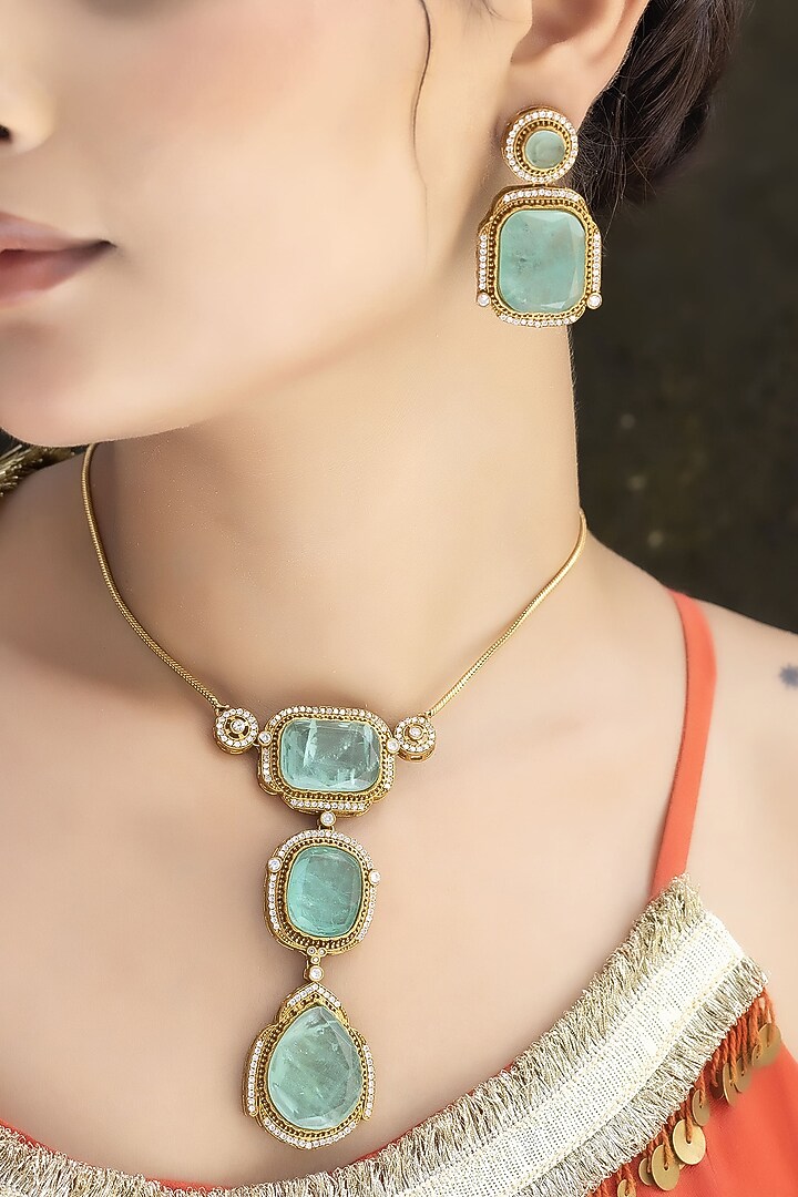 Gold Finish Mint Green Kundan Polki Chain Pendant Necklace Set by Jovi Jewels at Pernia's Pop Up Shop