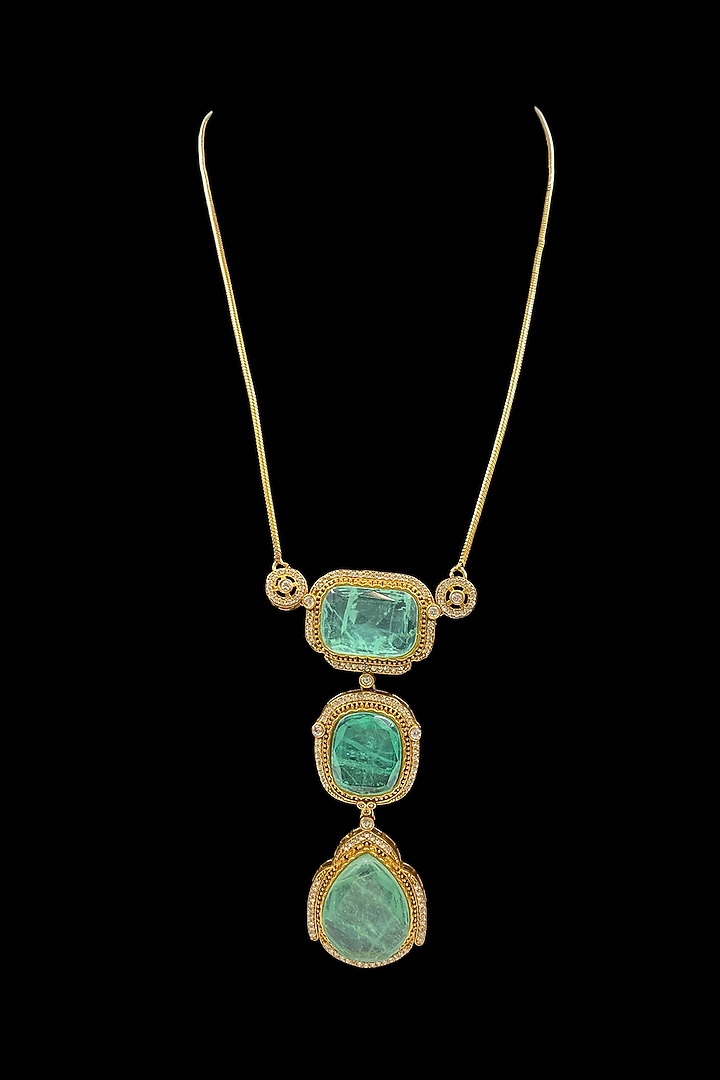 Gold Finish Mint Green Kundan Polki Chain Pendant Necklace Set by Jovi Jewels at Pernia's Pop Up Shop