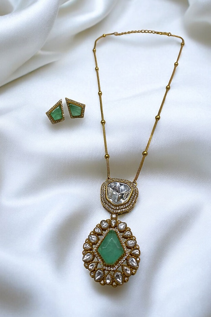 Gold Finish Mint Green Kundan Polki Chain Pendant Necklace Set by Jovi Jewels at Pernia's Pop Up Shop