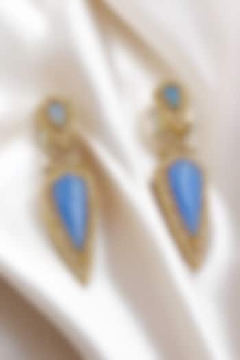 Gold Finish Kundan Polki & Blue Stone Dangler Earrings by Jovi Jewels at Pernia's Pop Up Shop