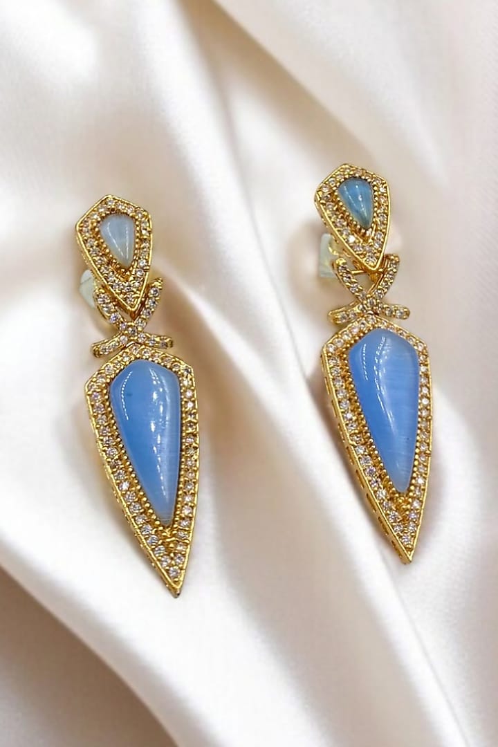 Gold Finish Kundan Polki & Blue Stone Dangler Earrings by Jovi Jewels at Pernia's Pop Up Shop