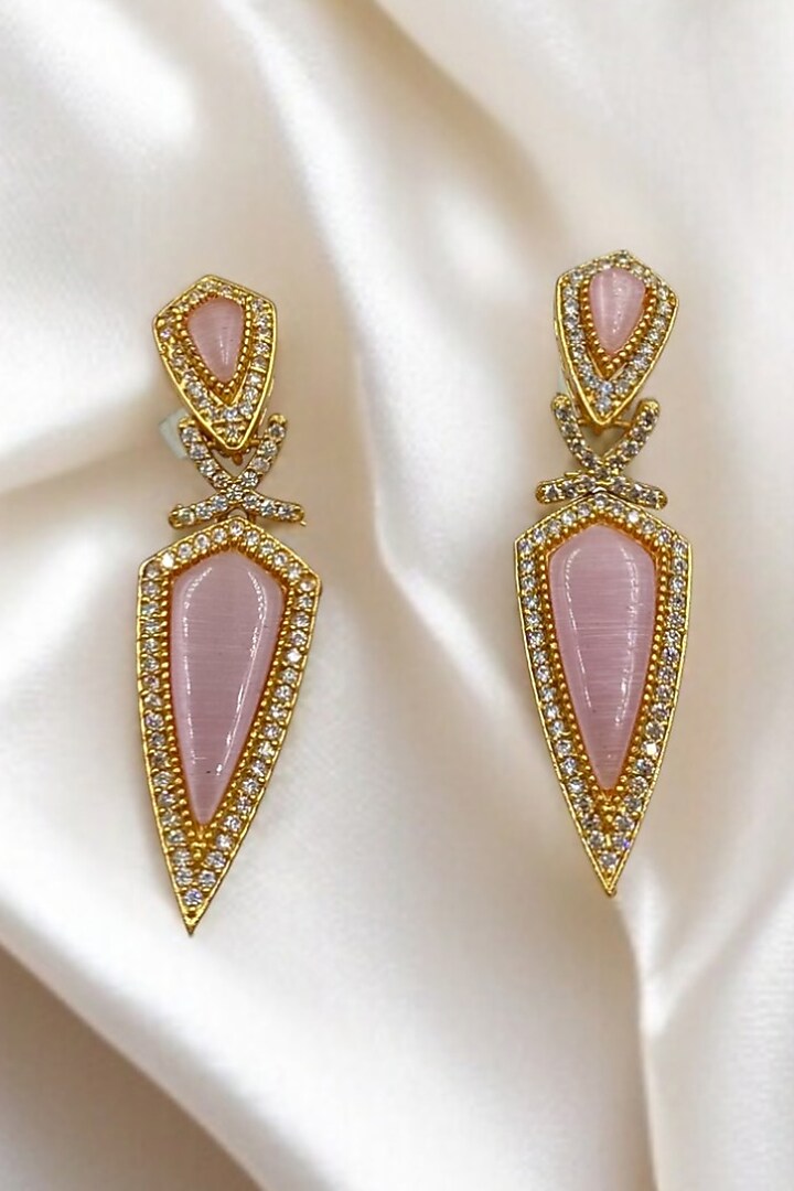 Gold Finish Kundan Polki & Pink Stone Dangler Earrings by Jovi Jewels at Pernia's Pop Up Shop