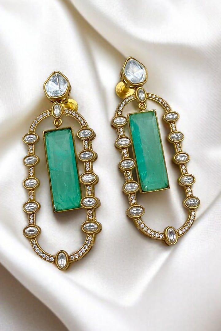 Gold Finish Kundan Polki & Emerald Stone Dangler Earrings by Jovi Jewels at Pernia's Pop Up Shop