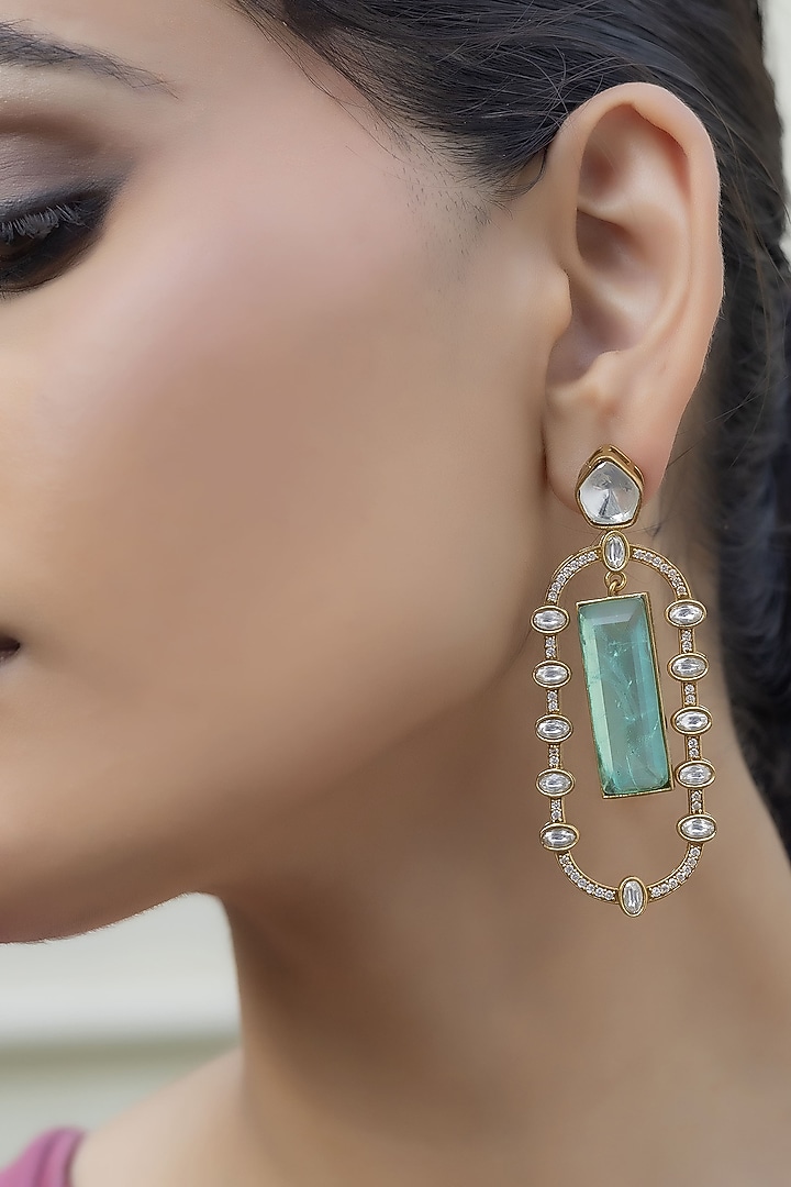 Gold Finish Kundan Polki & Emerald Stone Dangler Earrings by Jovi Jewels at Pernia's Pop Up Shop
