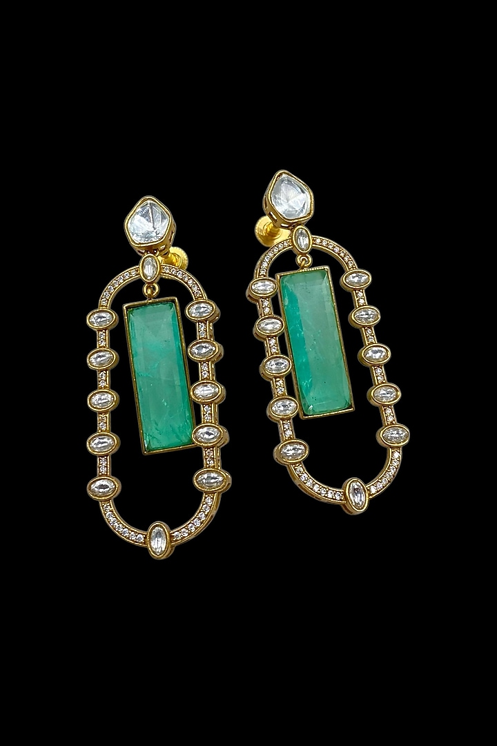 Gold Finish Kundan Polki & Emerald Stone Dangler Earrings by Jovi Jewels at Pernia's Pop Up Shop