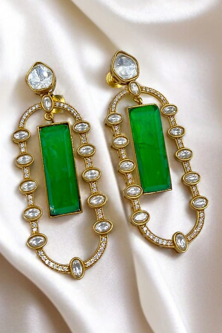 Gold Finish Diamond & Emerald Stone Dangler Earrings by Jovi Jewels at Pernia's Pop Up Shop
