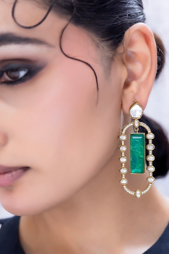 Gold Finish Diamond & Emerald Stone Dangler Earrings by Jovi Jewels at Pernia's Pop Up Shop