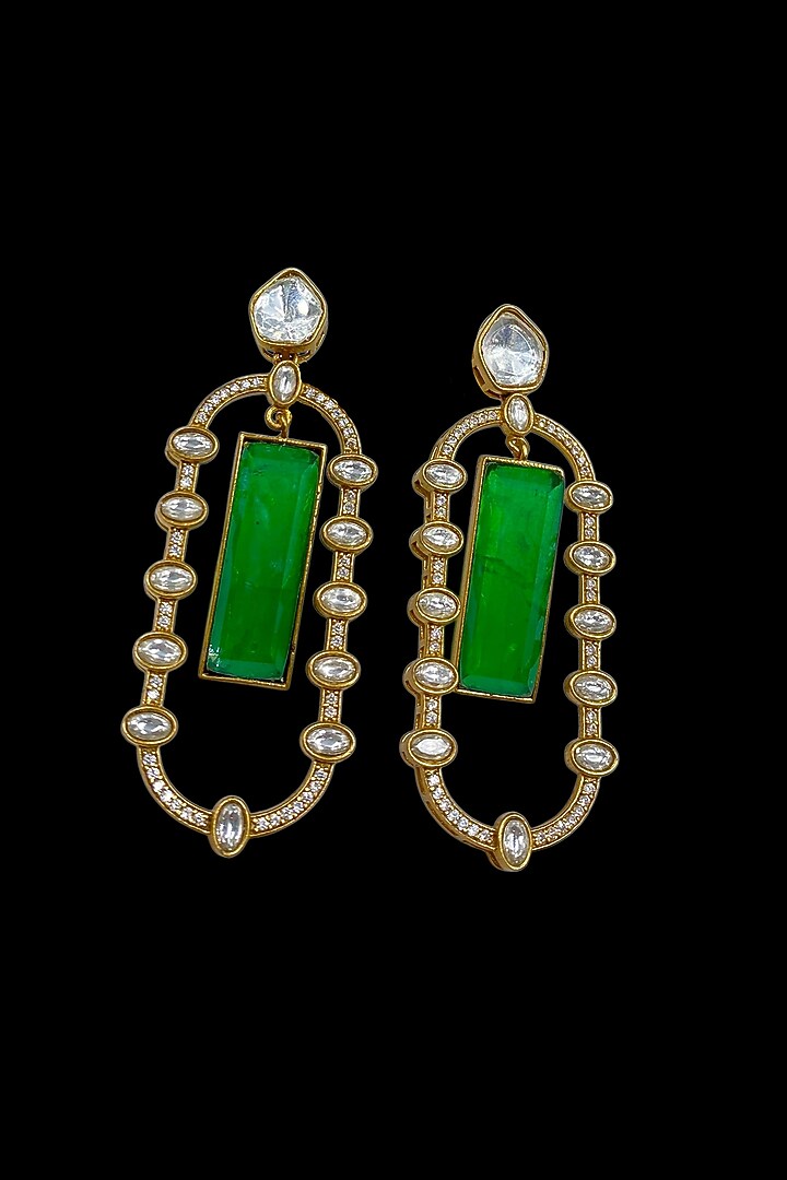 Gold Finish Diamond & Emerald Stone Dangler Earrings by Jovi Jewels at Pernia's Pop Up Shop