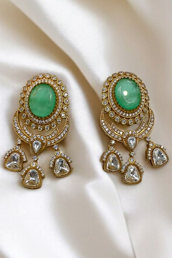 Gold Finish Kundan Polki & Mint Green Stone Dangler Earrings by Jovi Jewels at Pernia's Pop Up Shop