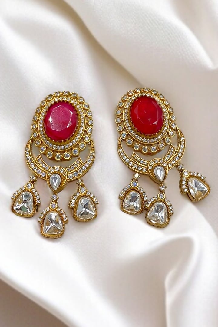 Gold Finish Kundan Polki & Ruby Stone Dangler Earrings by Jovi Jewels at Pernia's Pop Up Shop