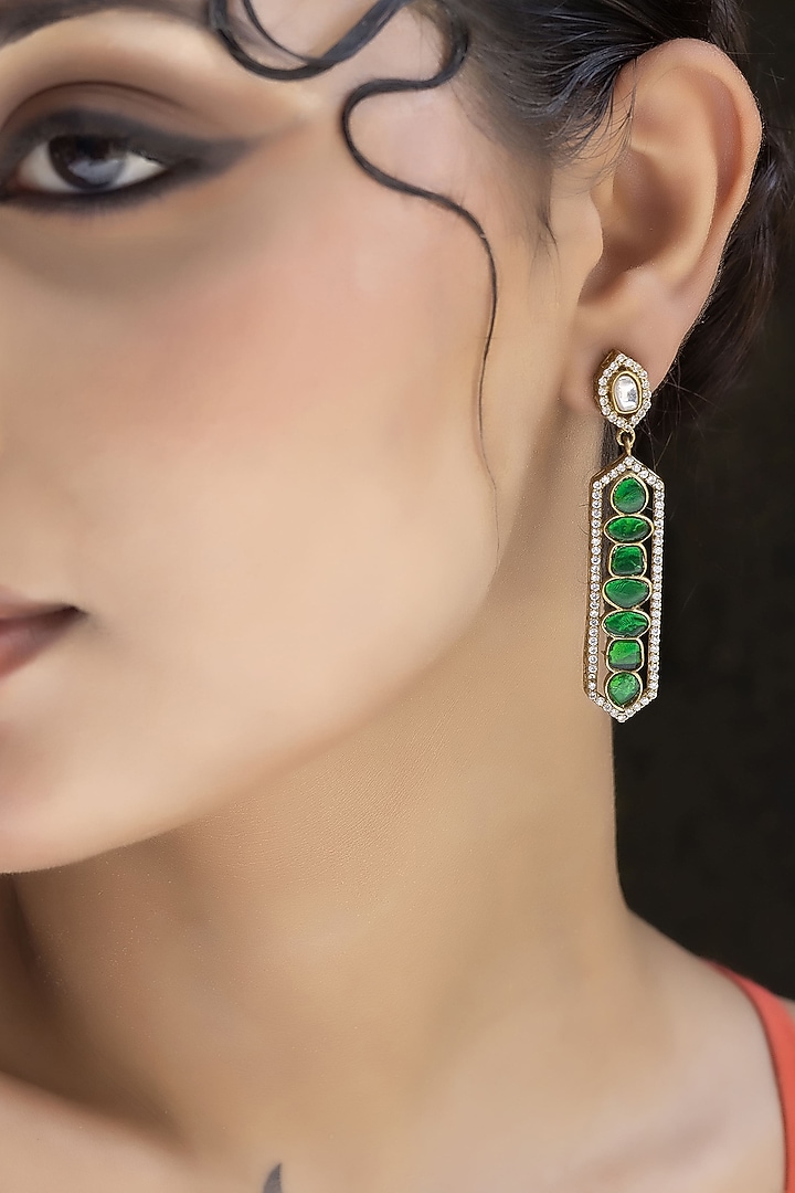 Gold Finish Kundan Polki & Emerald Dangler Earrings by Jovi Jewels at Pernia's Pop Up Shop