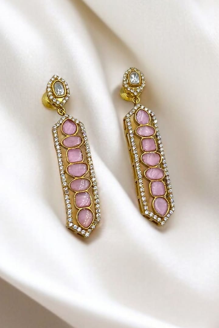 Gold Finish Kundan Polki & Rose Stone Dangler Earrings by Jovi Jewels at Pernia's Pop Up Shop
