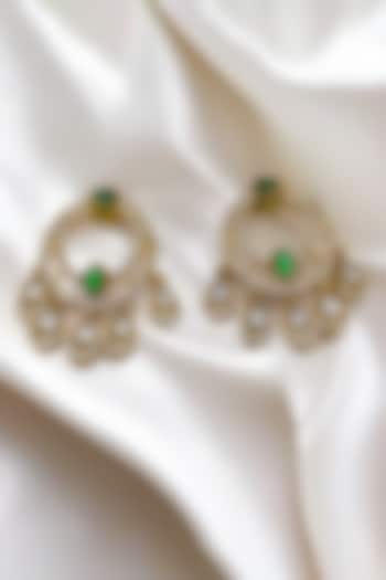 Gold Finish Kundan Polki & Emerald Chandbali Earrings by Jovi Jewels at Pernia's Pop Up Shop