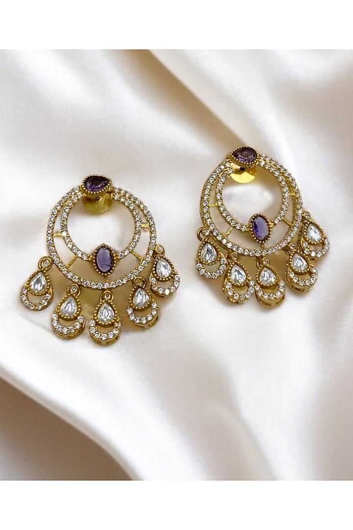 Gold Finish Kundan Polki & Amethyst Chandbali Earrings by Jovi Jewels at Pernia's Pop Up Shop