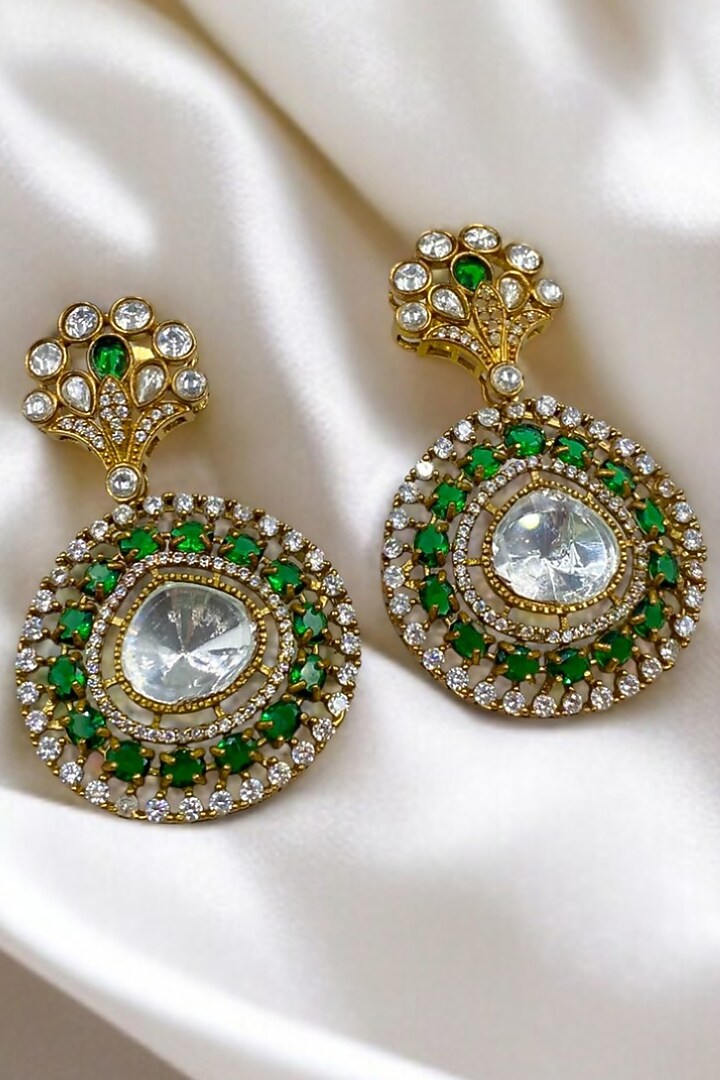 Gold Finish Kundan Polki & Green Stone Dangler Earrings by Jovi Jewels at Pernia's Pop Up Shop