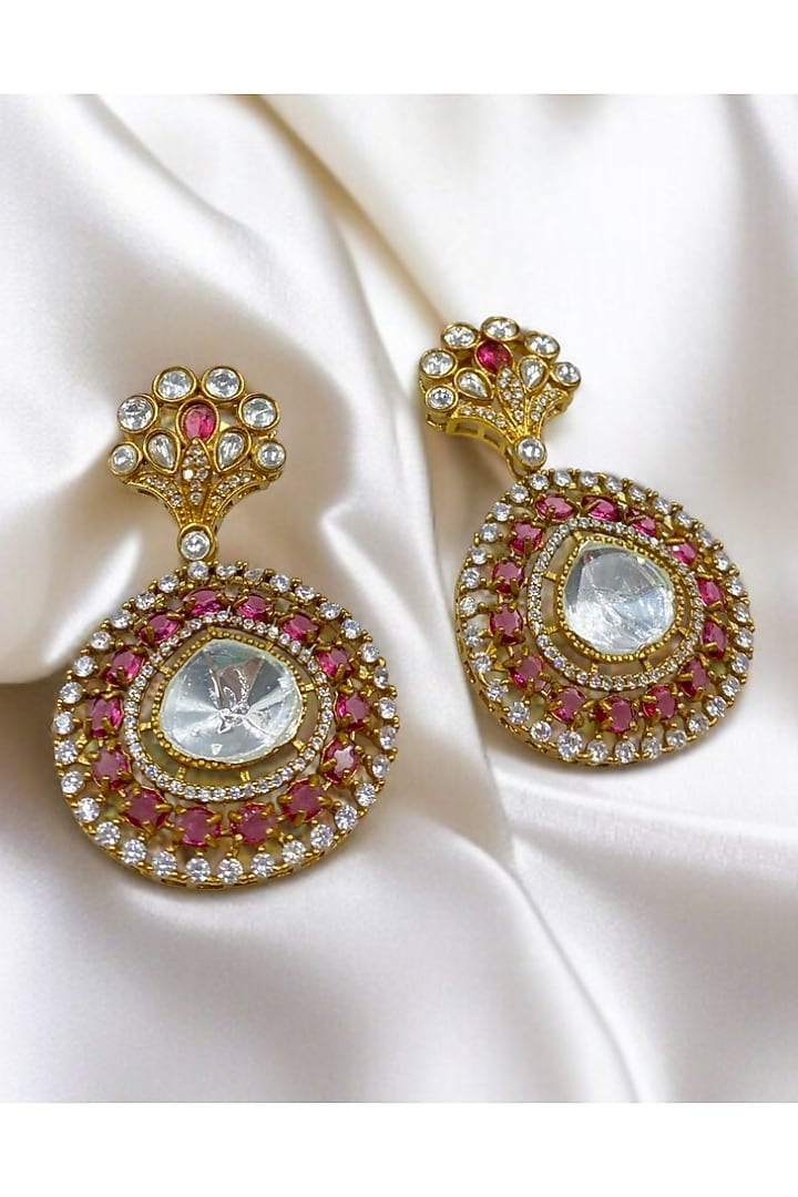 Gold Finish Kundan Polki & Ruby Dangler Earrings by Jovi Jewels at Pernia's Pop Up Shop