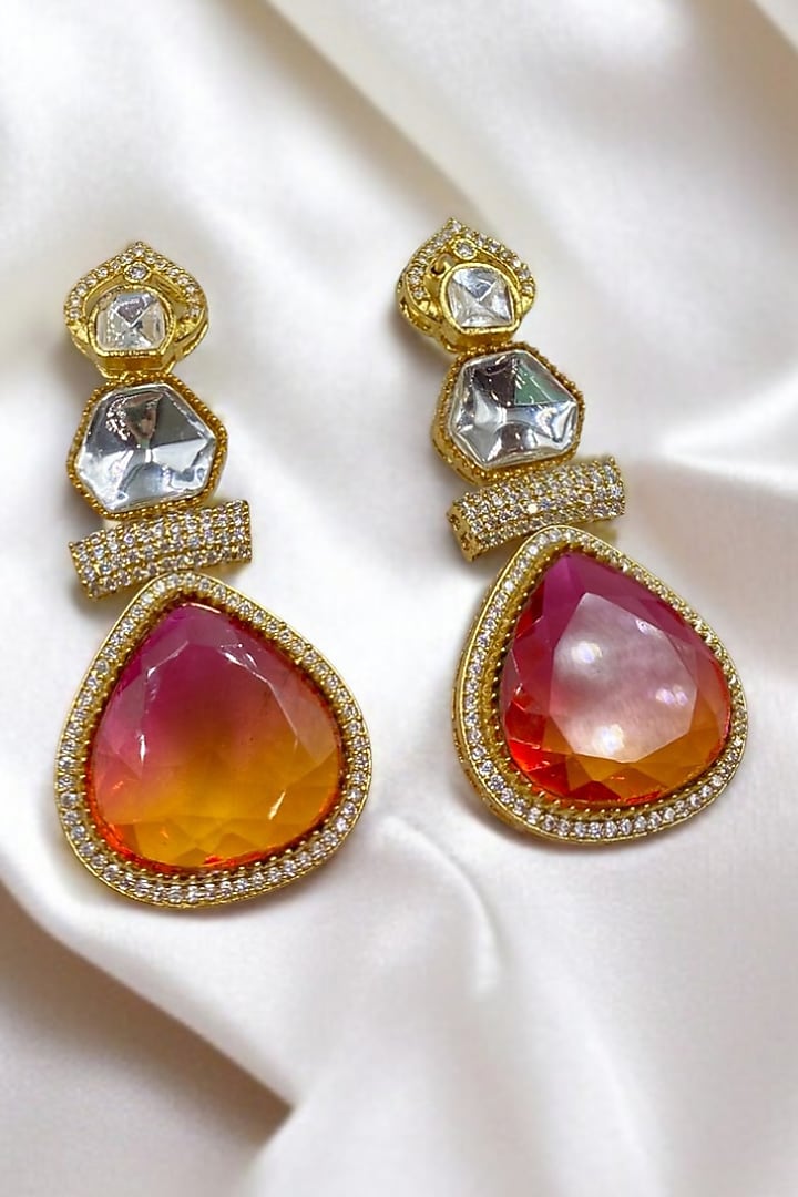 Gold Finish Kundan Polki & Multi-Colored Stone Dangler Earrings by Jovi Jewels at Pernia's Pop Up Shop
