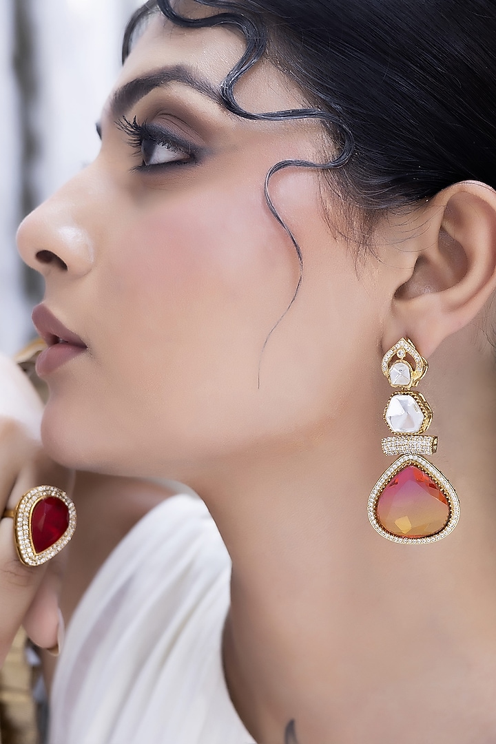 Gold Finish Kundan Polki & Multi-Colored Stone Dangler Earrings by Jovi Jewels at Pernia's Pop Up Shop