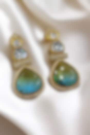 Gold Finish Kundan Polki & Aqua Stone Dangler Earrings by Jovi Jewels at Pernia's Pop Up Shop