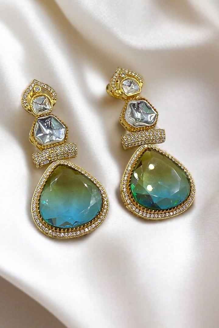 Gold Finish Kundan Polki & Aqua Stone Dangler Earrings by Jovi Jewels at Pernia's Pop Up Shop