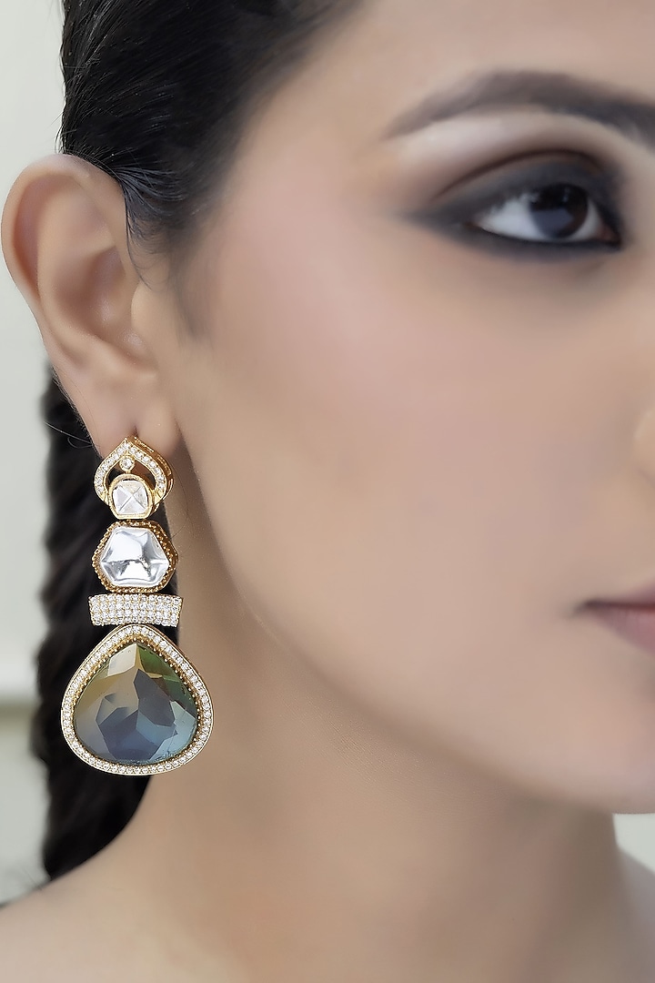 Gold Finish Kundan Polki & Aqua Stone Dangler Earrings by Jovi Jewels at Pernia's Pop Up Shop