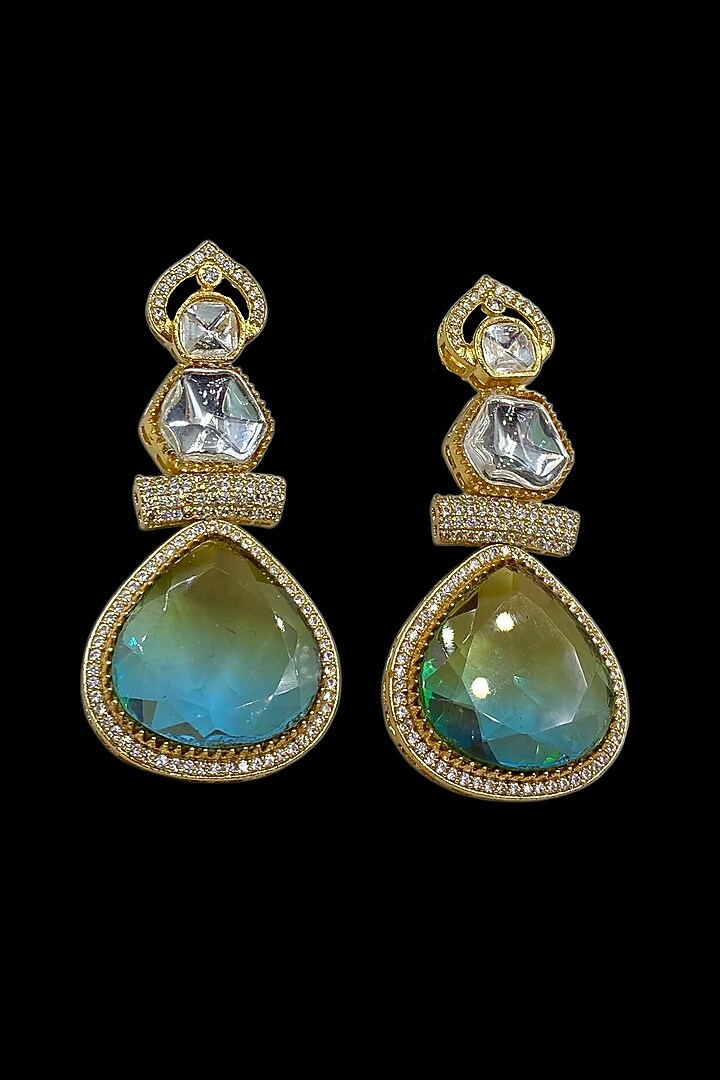 Gold Finish Kundan Polki & Aqua Stone Dangler Earrings by Jovi Jewels at Pernia's Pop Up Shop