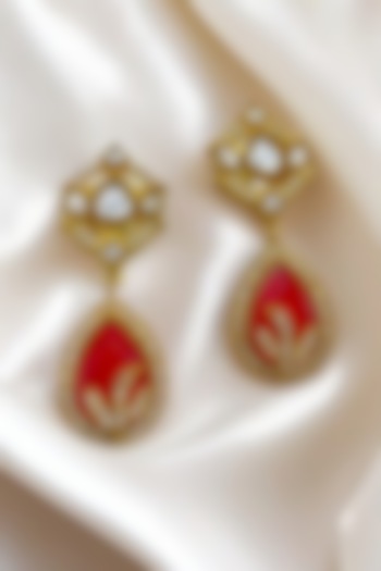 Gold Finish Kundan Polki & Ruby Dangler Earrings by Jovi Jewels at Pernia's Pop Up Shop
