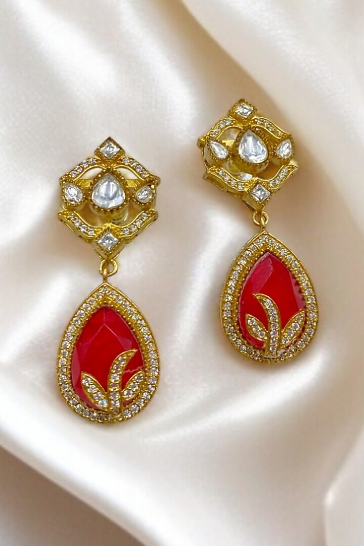 Gold Finish Kundan Polki & Ruby Dangler Earrings by Jovi Jewels at Pernia's Pop Up Shop