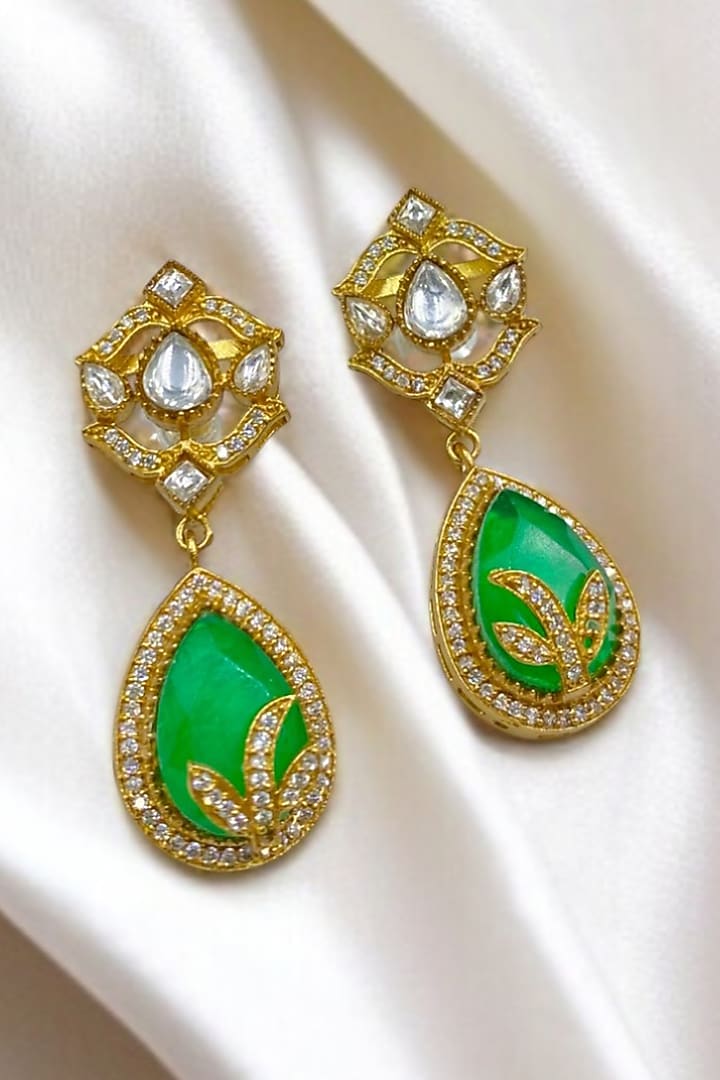 Gold Finish Kundan Polki & Emerald Dangler Earrings by Jovi Jewels at Pernia's Pop Up Shop